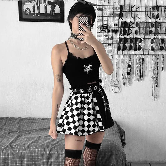 Women&#39;s Mini Skater Skirt Gothic Style Casual High Waist Checkerboard Print Color Block Flared Skirt Summer Dress Streetwear