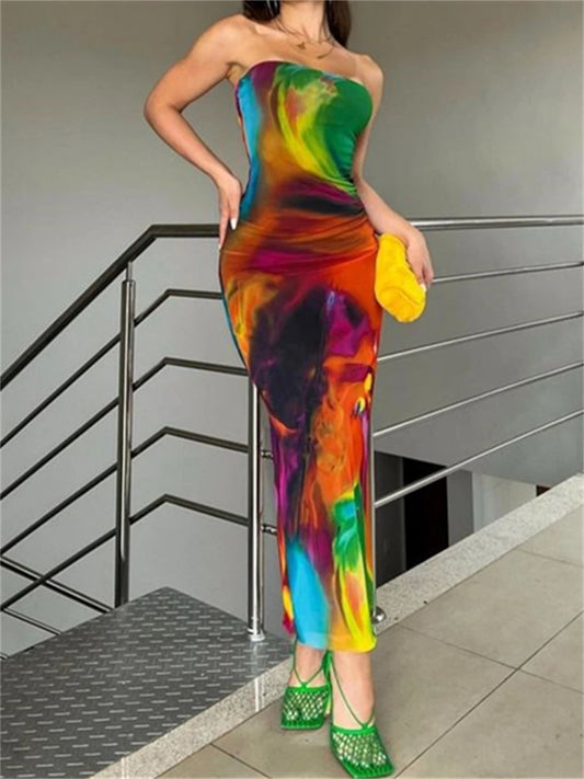 wsevypo Tie-dyed Strapless Bodycon Dress 2023 Summer Beach Party Club Outfit Sleeveless Off-Shoulder Bandeau Wrapped Long Dress